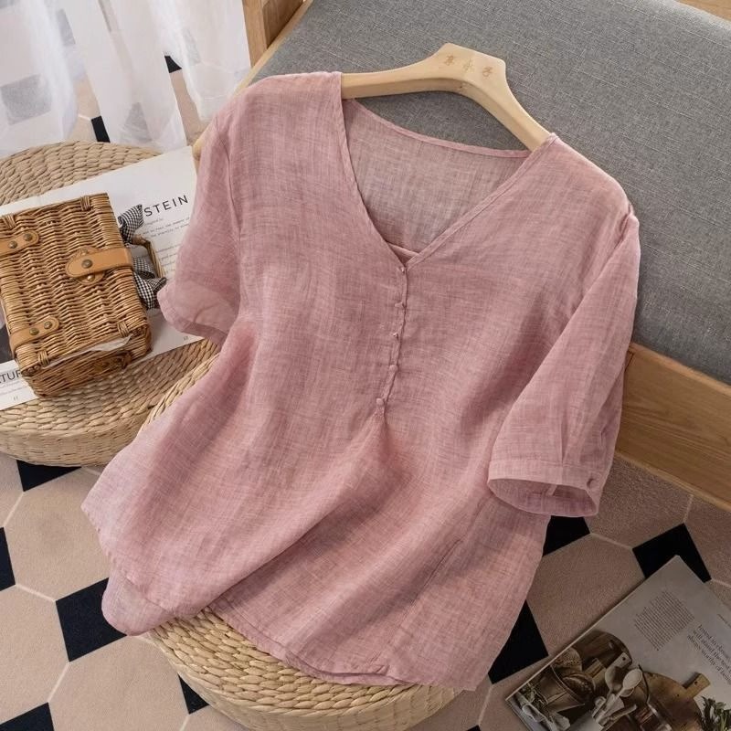 Linen Shirt Breathable - Women's Linen Blend V-Neck T-Shirt Short